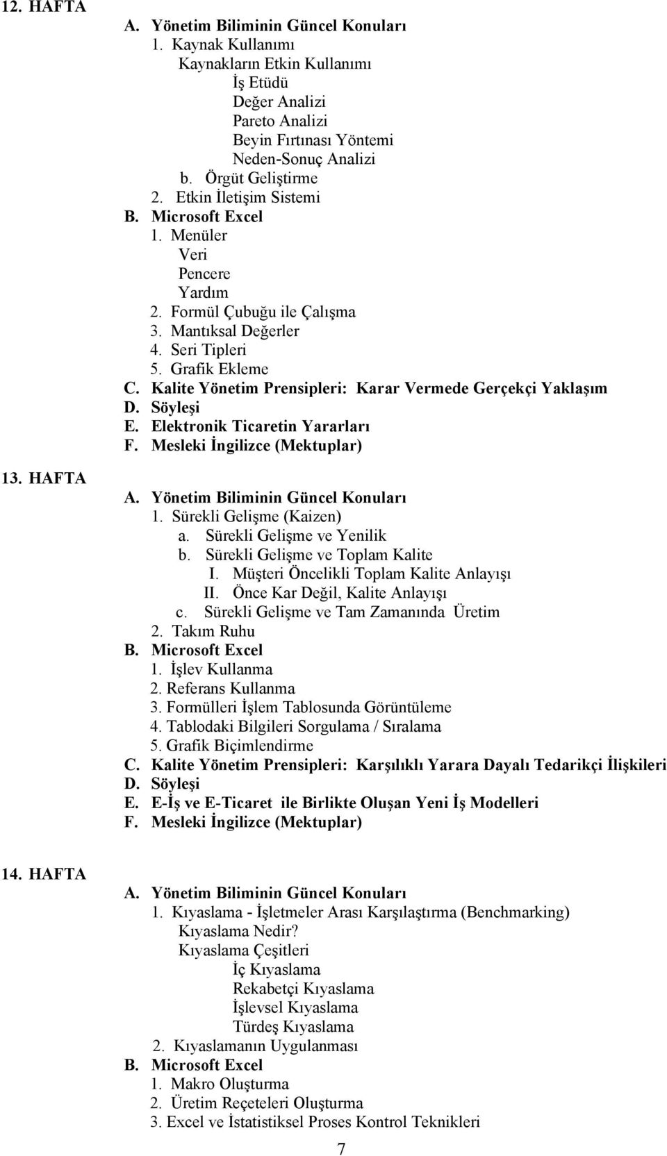 Elektronik Ticaretin Yararları F. Mesleki İngilizce (Mektuplar) 1. Sürekli Gelişme (Kaizen) a. Sürekli Gelişme ve Yenilik b. Sürekli Gelişme ve Toplam Kalite I.