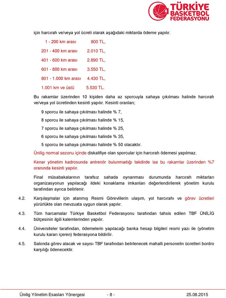 Kesinti oranları; 9 sporcu ile sahaya çıkılması halinde % 7, 8 sporcu ile sahaya çıkılması halinde % 15, 7 sporcu ile sahaya çıkılması halinde % 25, 6 sporcu ile sahaya çıkılması halinde % 35, 5