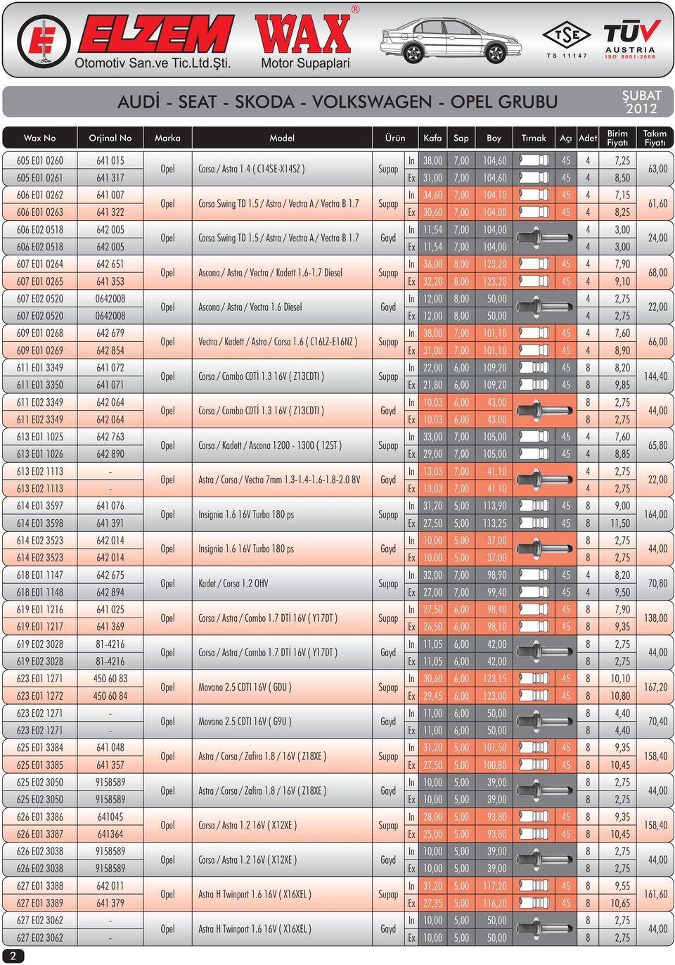 7 0 E01 023 1 322 Ex 30,0 7,00 10,00 0 E02 051 2 005 In 11,5 7,00 10,00 Opel Corsa Swing TD 1.5 / Astra / Vectra A / Vectra B 1.