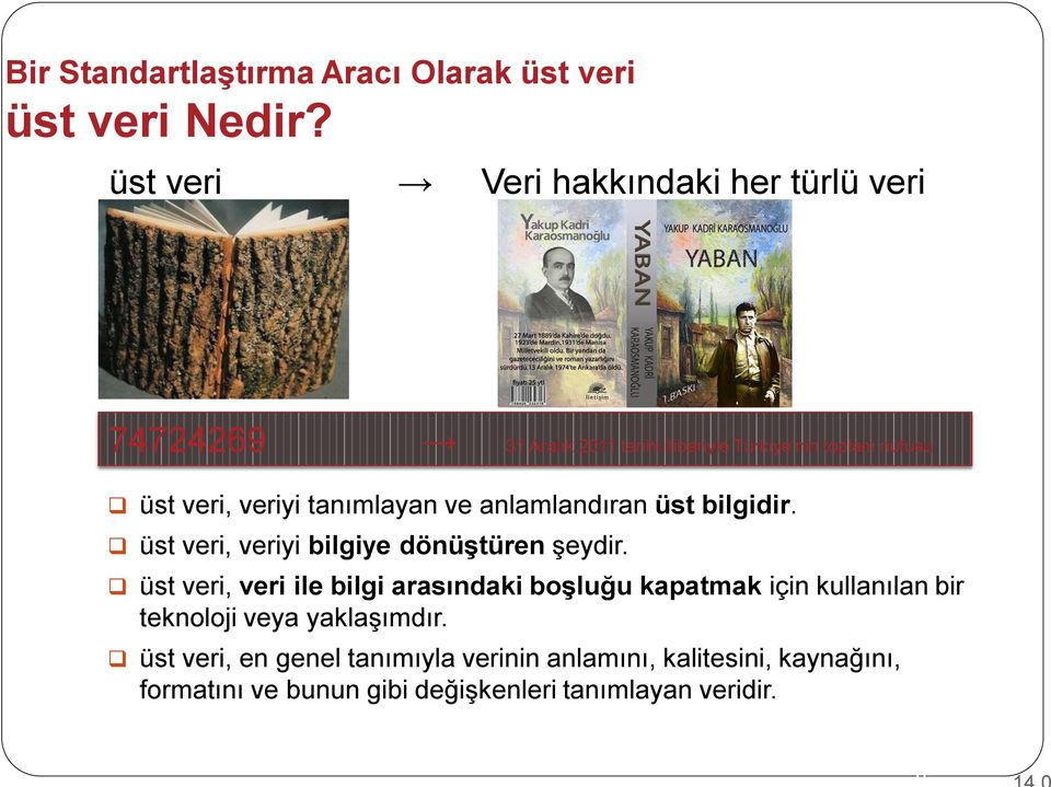 tanımlayan ve anlamlandıran üst bilgidir. üst veri, veriyi bilgiye dönüştüren şeydir.