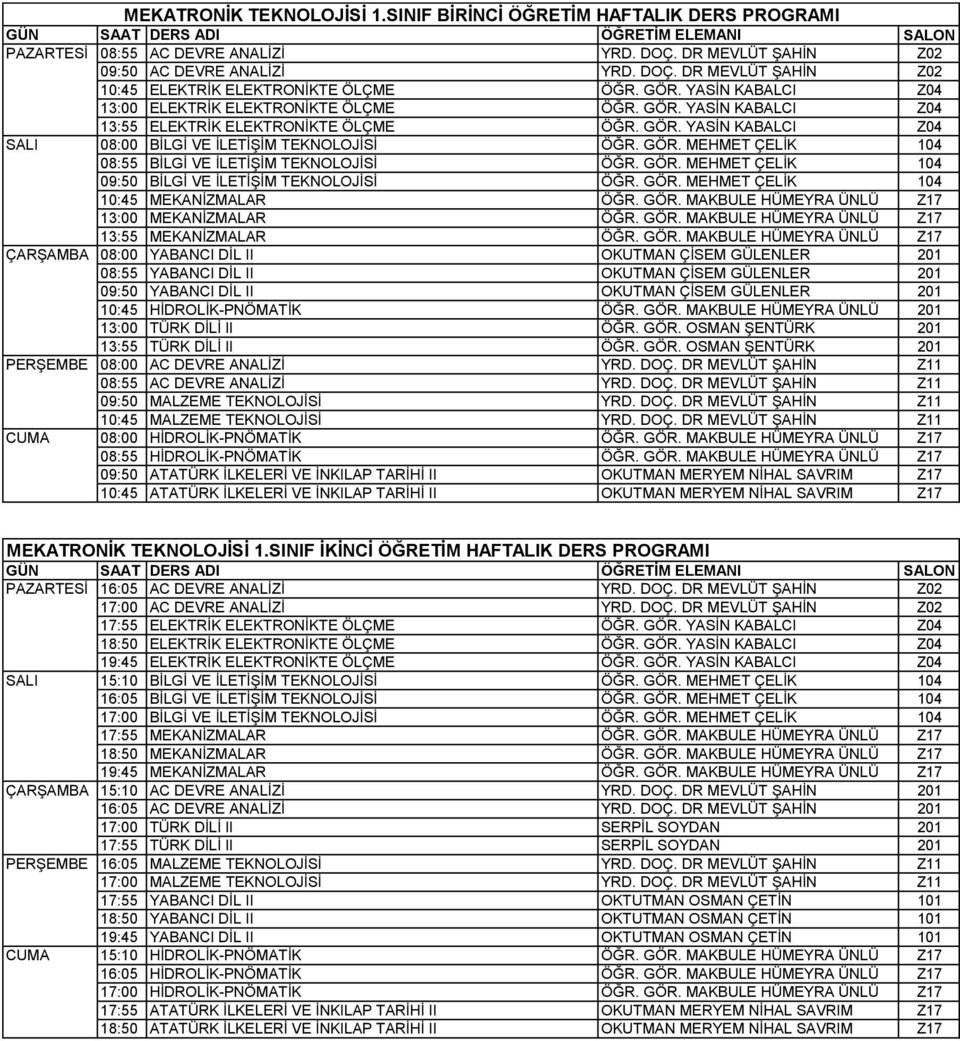 DR MEVLÜT ŞAHİN Z02 10:45 ELEKTRİK ELEKTRONİKTE ÖLÇME 13:00 ELEKTRİK ELEKTRONİKTE ÖLÇME 13:55 ELEKTRİK ELEKTRONİKTE ÖLÇME SALI 08:00 BİLGİ VE İLETİŞİM TEKNOLOJİSİ ÖĞR. GÖR.