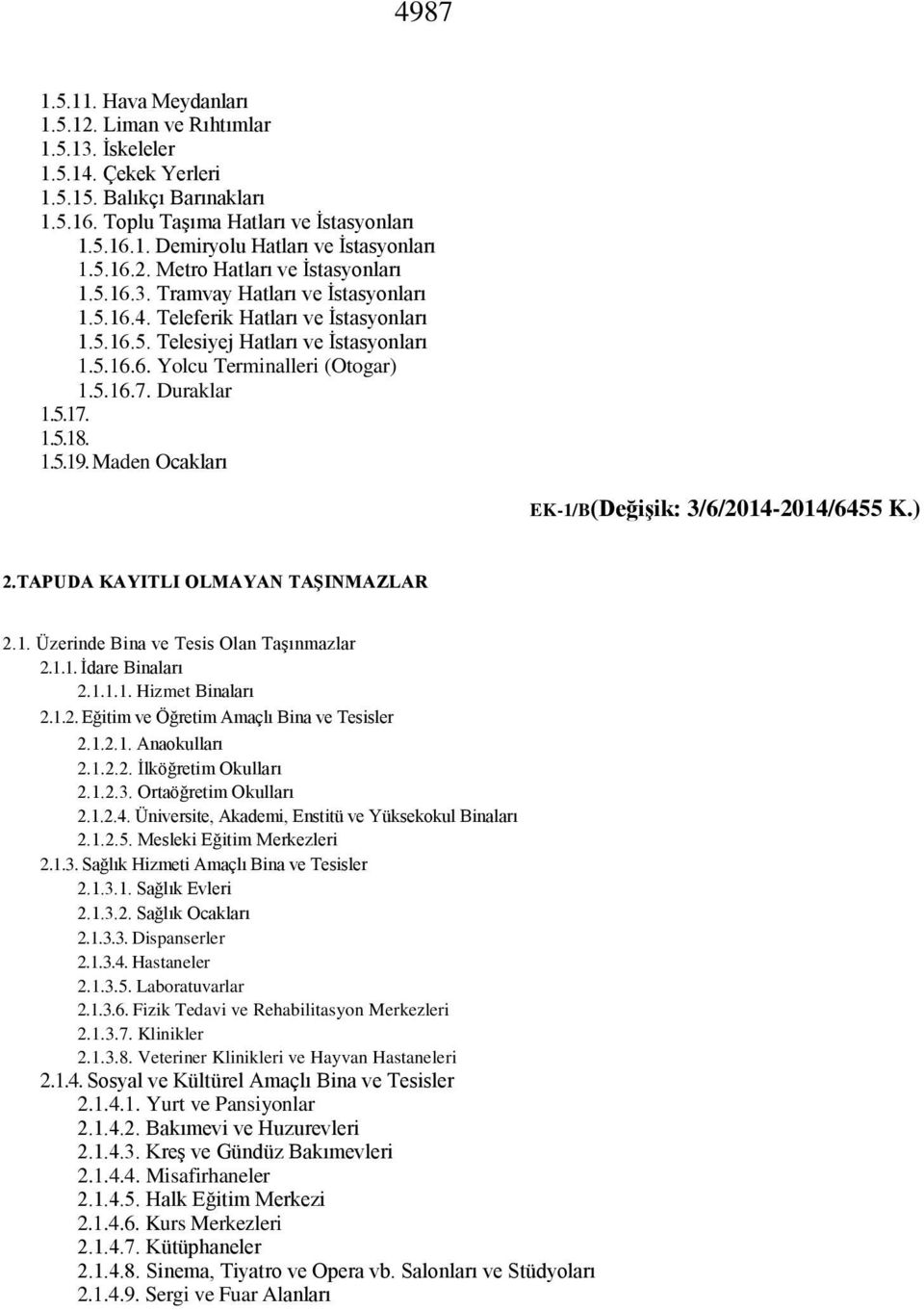 5.16.7. Duraklar 1.5.17. 1.5.18. 1.5.19. Maden Ocakları EK-1/B(Değişik: 3/6/2014-2014/6455 K.) 2.TAPUDA KAYITLI OLMAYAN TAŞINMAZLAR 2.1. Üzerinde Bina ve Tesis Olan Taşınmazlar 2.1.1. İdare Binaları 2.