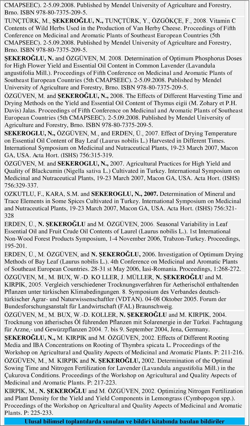 2008. Published by Mendel University of Agriculture and Forestry, Brno. ISBN 978-80-7375-209-5. ŞEKEROĞLU, N. and ÖZGÜVEN, M. 2008.