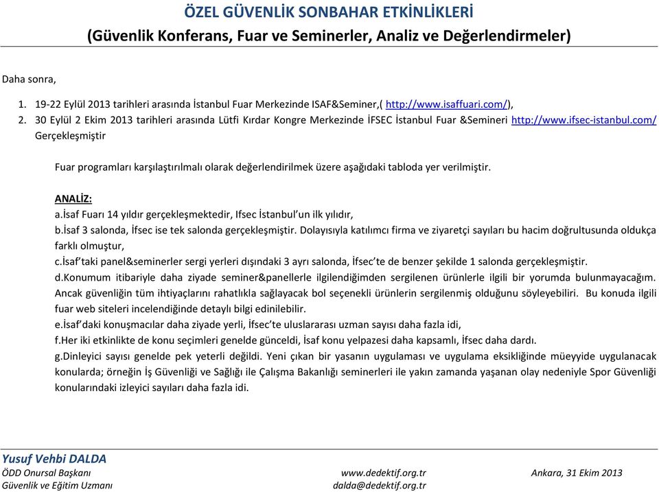 com/ Gerçekleşmiştir Fuar programları karşılaştırılmalı olarak değerlendirilmek üzere aşağıdaki tabloda yer verilmiştir. ANALİZ: a.