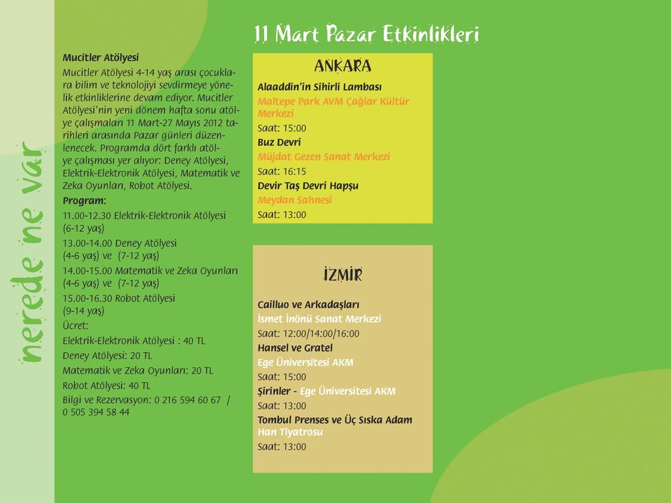 Programda dört farklı atölye çalışması yer alıyor: Deney Atölyesi, Elektrik-Elektronik Atölyesi, Matematik ve Zeka Oyunları, Robot Atölyesi. Program: 11.00-12.