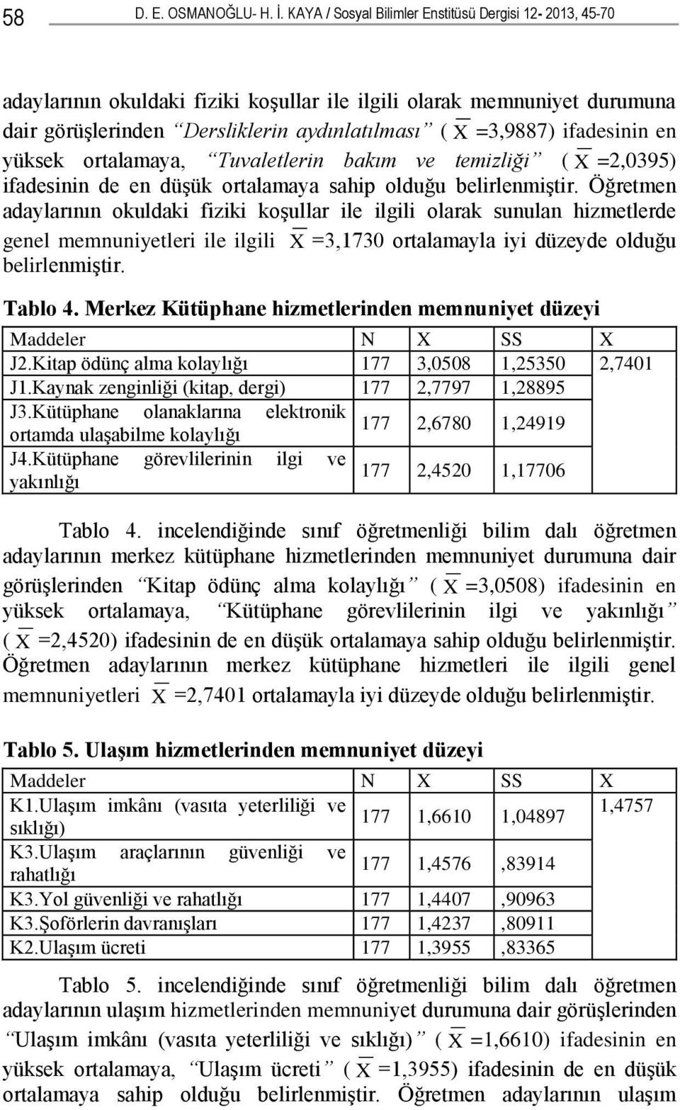 ifadesinin en yüksek ortalamaya, Tuvaletlerin bakım ve temizliği ( X =2,0395) ifadesinin de en düşük ortalamaya sahip olduğu belirlenmiştir.