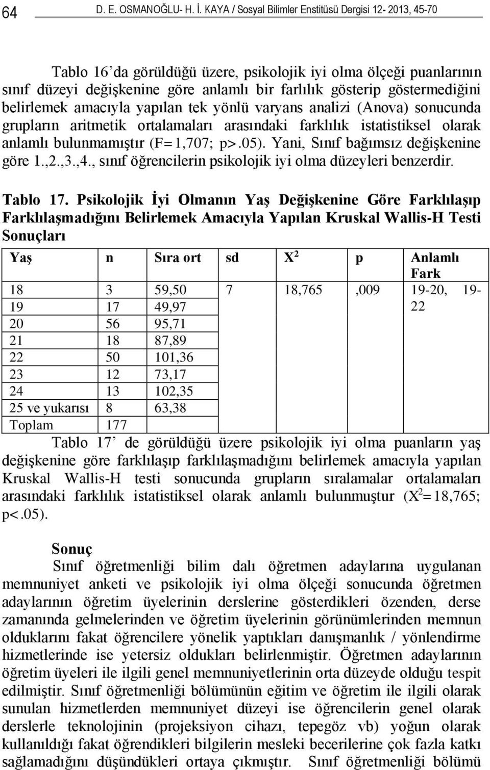 belirlemek amacıyla yapılan tek yönlü varyans analizi (Anova) sonucunda grupların aritmetik ortalamaları arasındaki farklılık istatistiksel olarak anlamlı bulunmamıştır (F=1,707; p>.05).