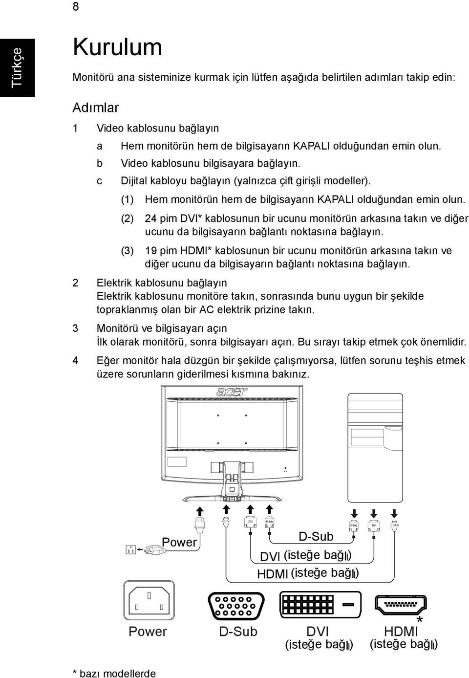 (2) 24 pim DVI* kablosunun bir ucunu monitörün arkasına takın ve diğer ucunu da bilgisayarın bağlantı noktasına bağlayın.