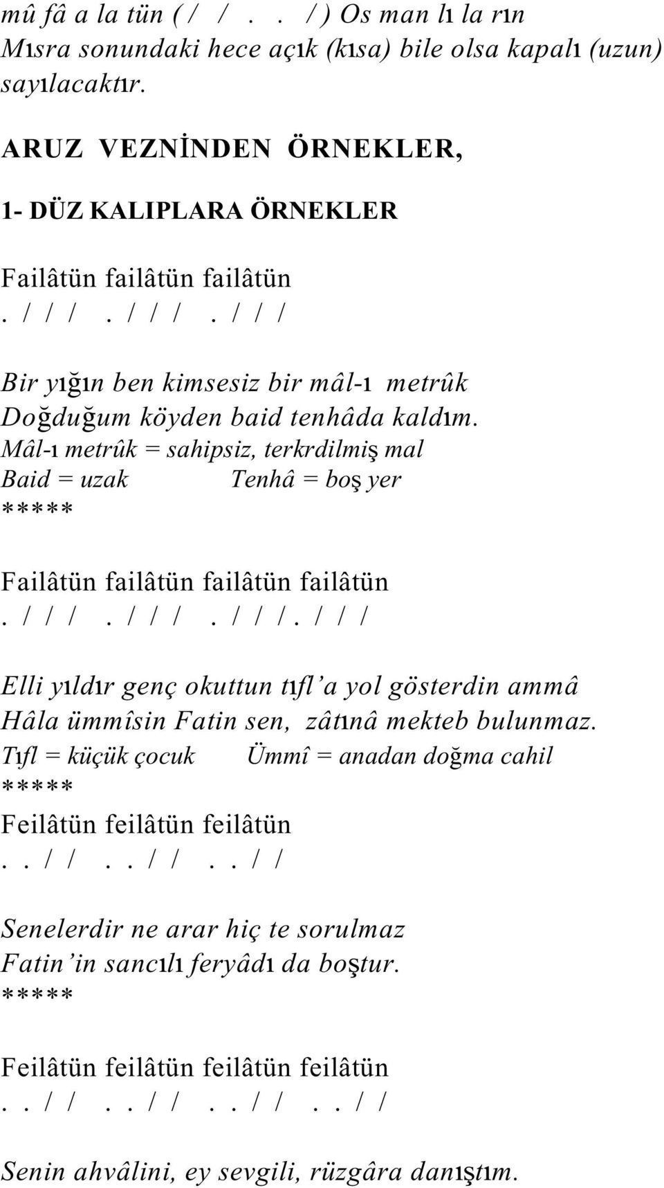 Mâl- metrûk = sahipsiz, terkrdilmi mal Baid = uzak Tenhâ = bo yer Failâtün failâtün failâtün failâtün. / / /.