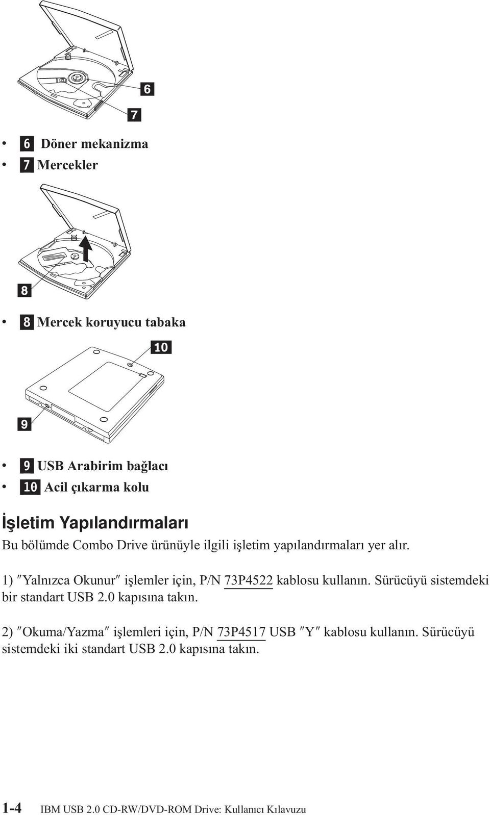 1) Yalnızca Okunur işlemler için, P/N 73P4522 kablosu kullanın. Sürücüyü sistemdeki bir standart USB 2.0 kapısına takın.