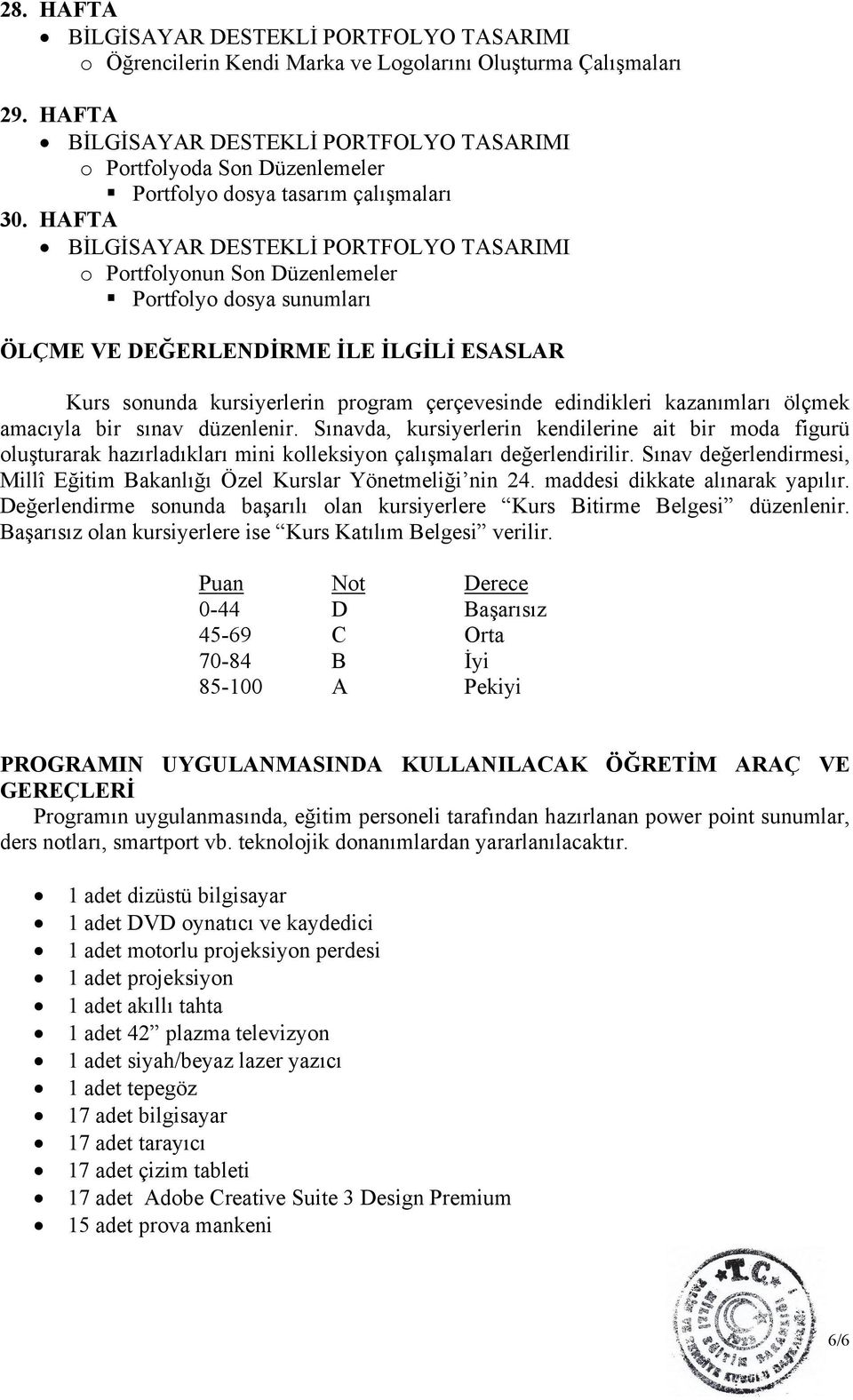 HAFTA BİLGİSAYAR DESTEKLİ PORTFOLYO TASARIMI o Portfolyonun Son Düzenlemeler Portfolyo dosya sunumları ÖLÇME VE DEĞERLENDİRME İLE İLGİLİ ESASLAR Kurs sonunda kursiyerlerin program çerçevesinde