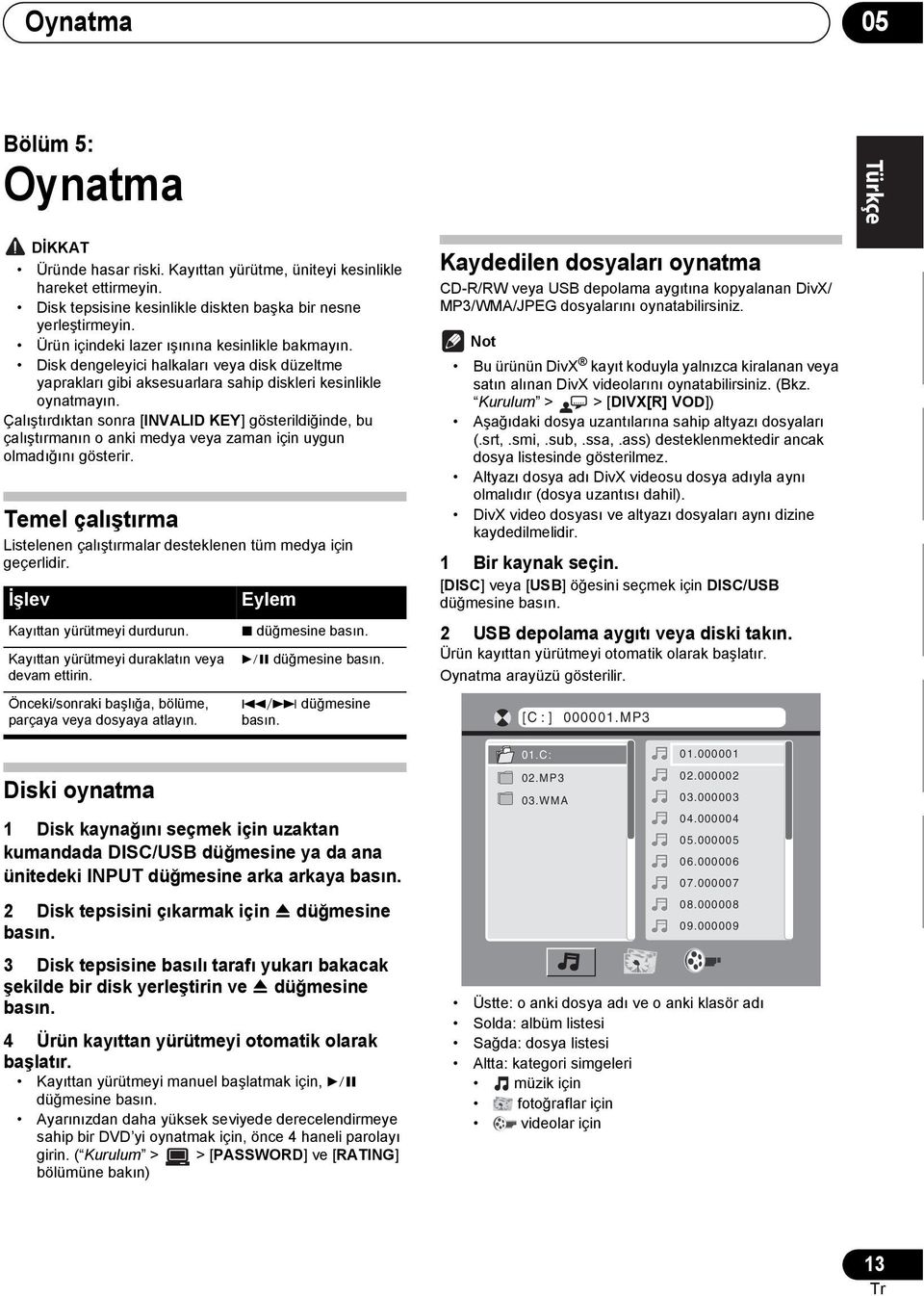 Çalıştırdıktan sonra [INVALID KEY] gösterildiğinde, bu çalıştırmanın o anki medya veya zaman için uygun olmadığını gösterir.