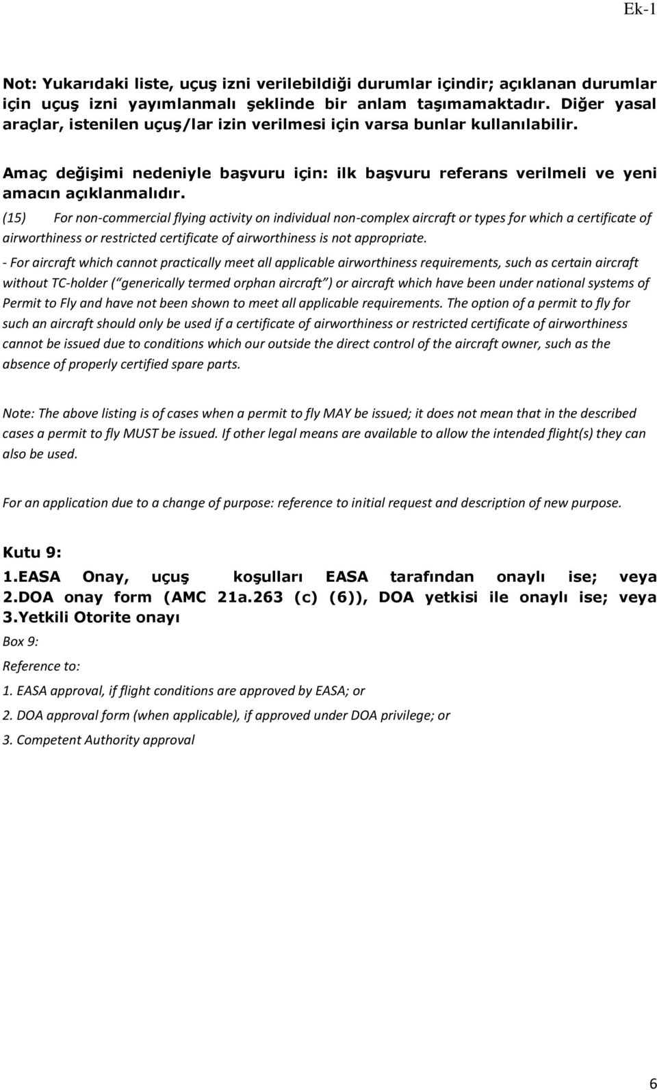 (15) For non-commercial flying activity on individual non-complex aircraft or types for which a certificate of airworthiness or restricted certificate of airworthiness is not appropriate.