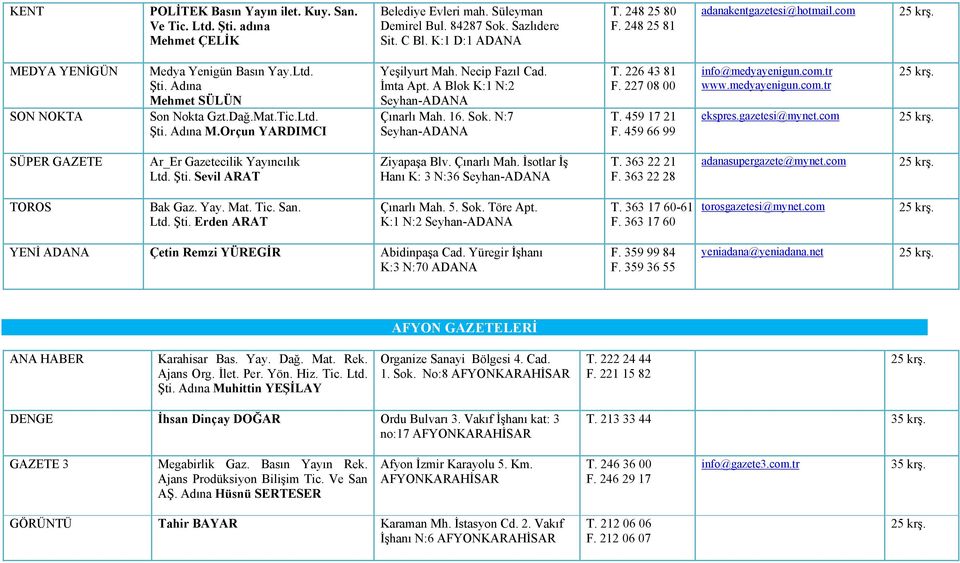 Necip Fazıl Cad. İmta Apt. A Blok K:1 N:2 Seyhan-ADANA Çınarlı Mah. 16. Sok. N:7 Seyhan-ADANA T. 226 43 81 F. 227 08 00 T. 459 17 21 F. 459 66 99 info@medyayenigun.com.tr www.medyayenigun.com.tr ekspres.