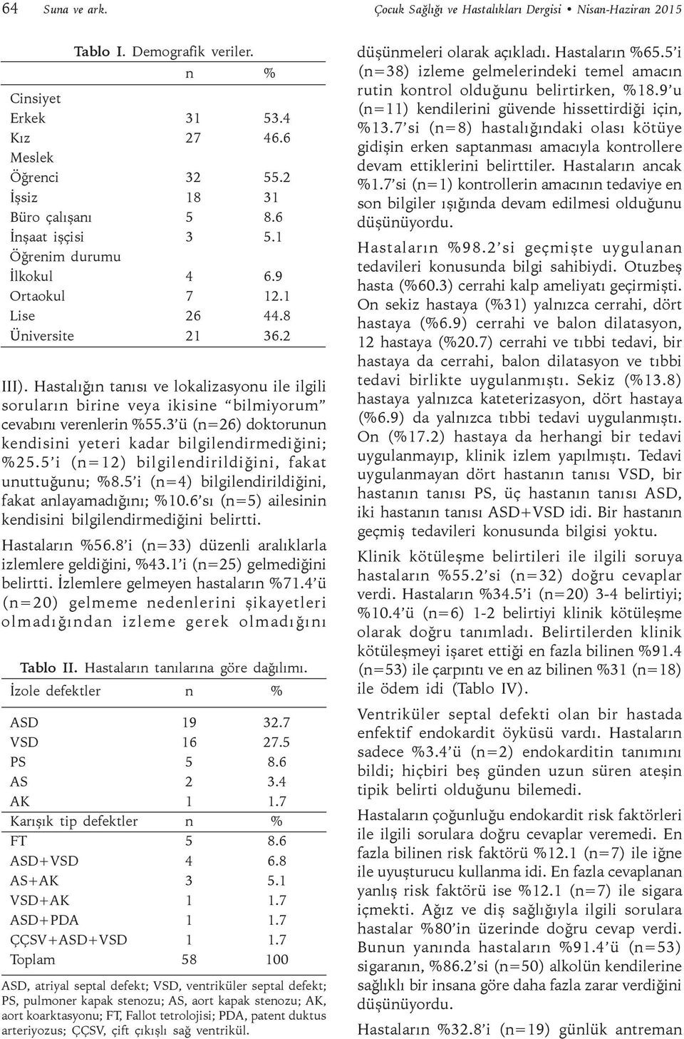 Hastalığın tanısı ve lokalizasyonu ile ilgili soruların birine veya ikisine bilmiyorum cevabını verenlerin %55.3 ü (n=26) doktorunun kendisini yeteri kadar bilgilendirmediğini; %25.