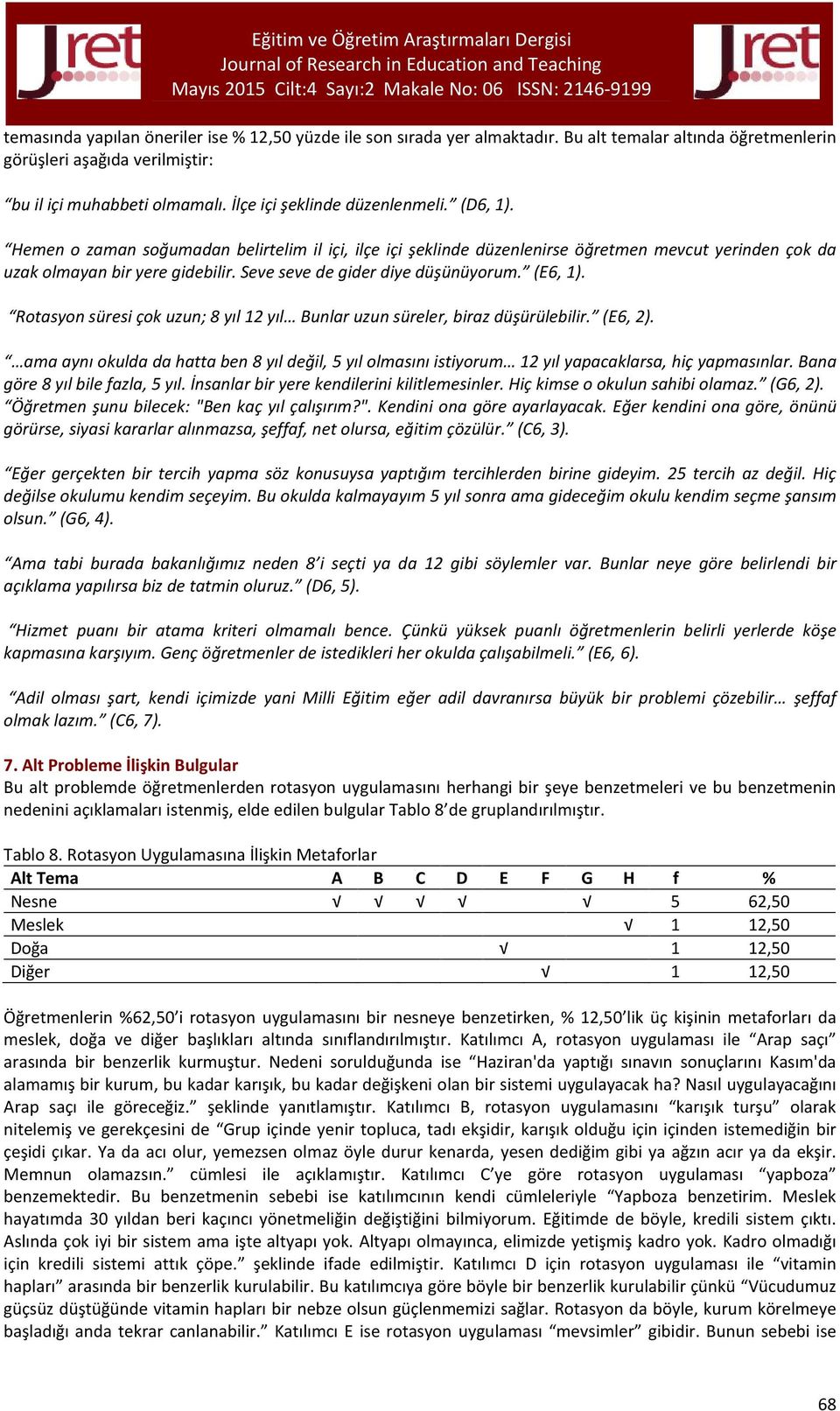 Seve seve de gider diye düşünüyorum. (E6, 1). Rotasyon süresi çok uzun; 8 yıl 12 yıl Bunlar uzun süreler, biraz düşürülebilir. (E6, 2).