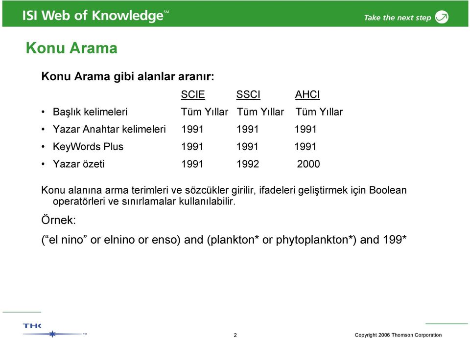 Konu alanına arma terimleri ve sözcükler girilir, ifadeleri geliştirmek için Boolean operatörleri ve