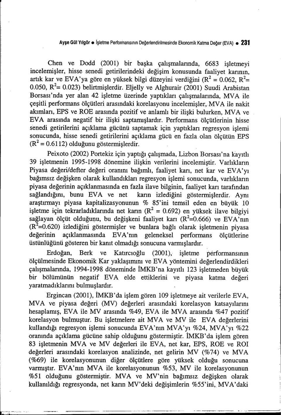 Eljelly ve Alghurair (2001) Suudi Arabistan Borsası'nda yer alan 42 işletme üzerinde yaptıkları çalışmalarında, MY A ile çeşitli performans ölçütleri arasındaki korelasyonu incelemişler,mv A ile