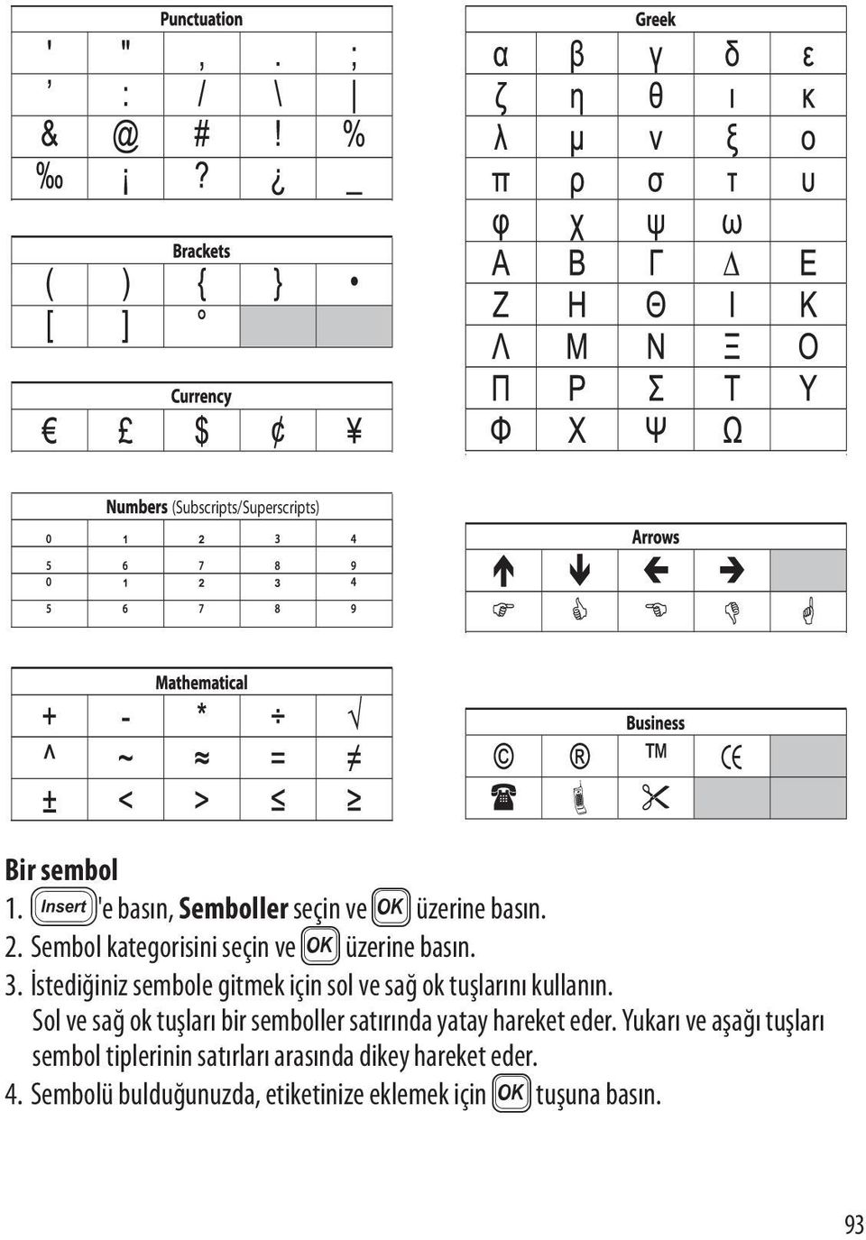 İstediğiniz sembole gitmek için sol ve sağ ok tuşlarını kullanın.