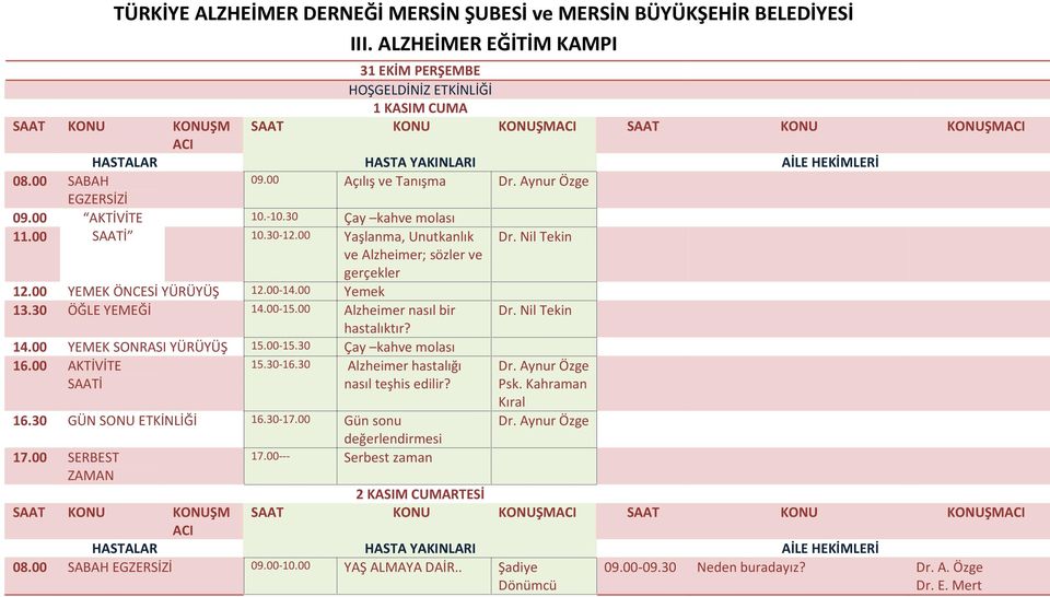 30 ÖĞLE YEMEĞİ 14.00-15.00 Alzheimer nasıl bir Dr. Nil Tekin hastalıktır? 14.00 YEMEK SONRASI YÜRÜYÜŞ 15.00-15.30 Çay kahve molası 16.00 AKTİVİTE SAATİ 15.30-16.