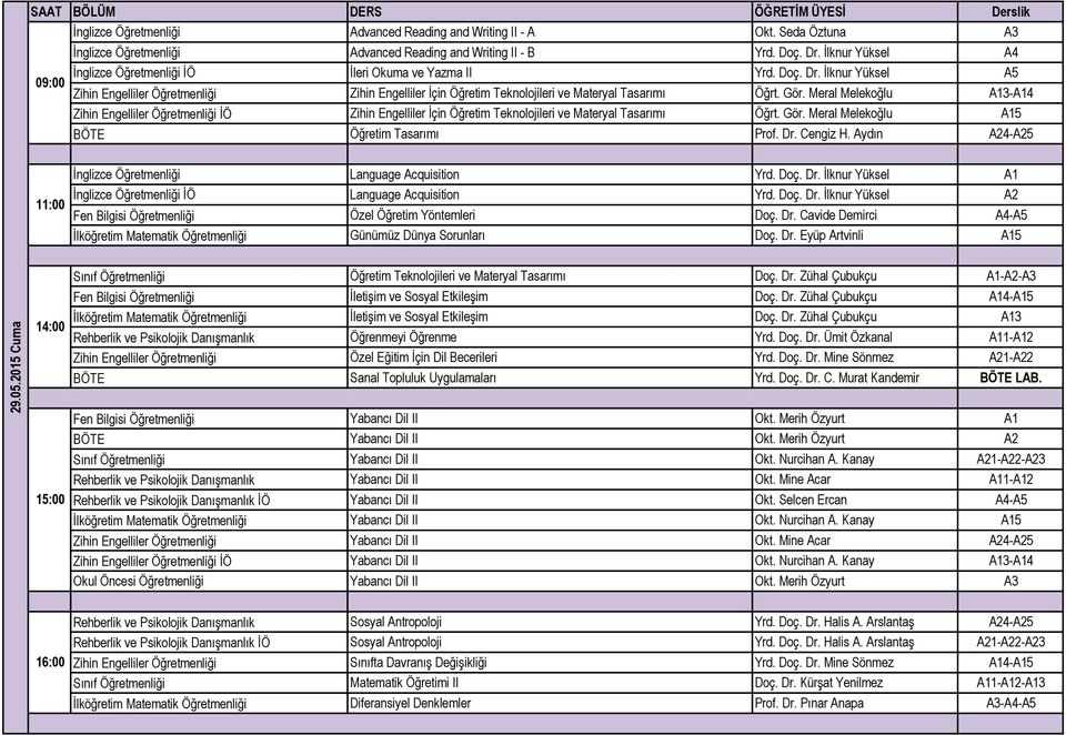 Gör. Meral Melekoğlu A13-A14 Zihin Engelliler Öğretmenliği İÖ Zihin Engelliler İçin Öğretim Teknolojileri ve Materyal Tasarımı Öğrt. Gör. Meral Melekoğlu A15 BÖTE Öğretim Tasarımı Prof. Dr. Cengiz H.
