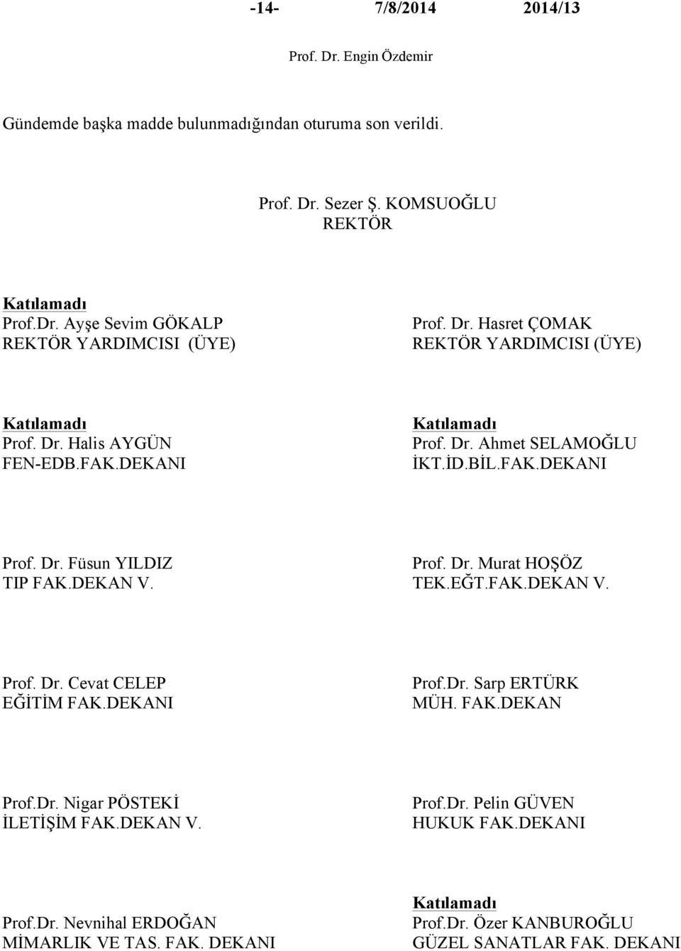 Dr. Murat HOŞÖZ TIP FAK.DEKAN V. TEK.EĞT.FAK.DEKAN V. Prof. Dr. Cevat CELEP EĞİTİM FAK.DEKANI Prof.Dr. Sarp ERTÜRK MÜH. FAK.DEKAN Prof.Dr. Nigar PÖSTEKİ İLETİŞİM FAK.DEKAN V. Prof.Dr. Pelin GÜVEN HUKUK FAK.