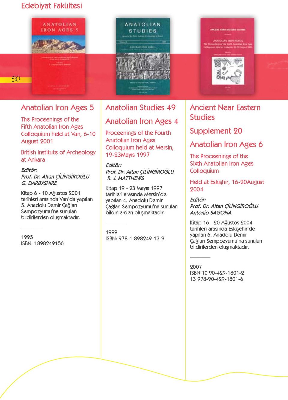 1995 ISBN: 1898249156 Anatolian Studies 49 Anatolian Iron Ages 4 Proceenings of the Fourth Anatolian Iron Ages Colloquium held at Mersin, 19-23Mayıs 1997 Editör: Prof. Dr. Altan ÇİLİNGİROĞLU R. J.