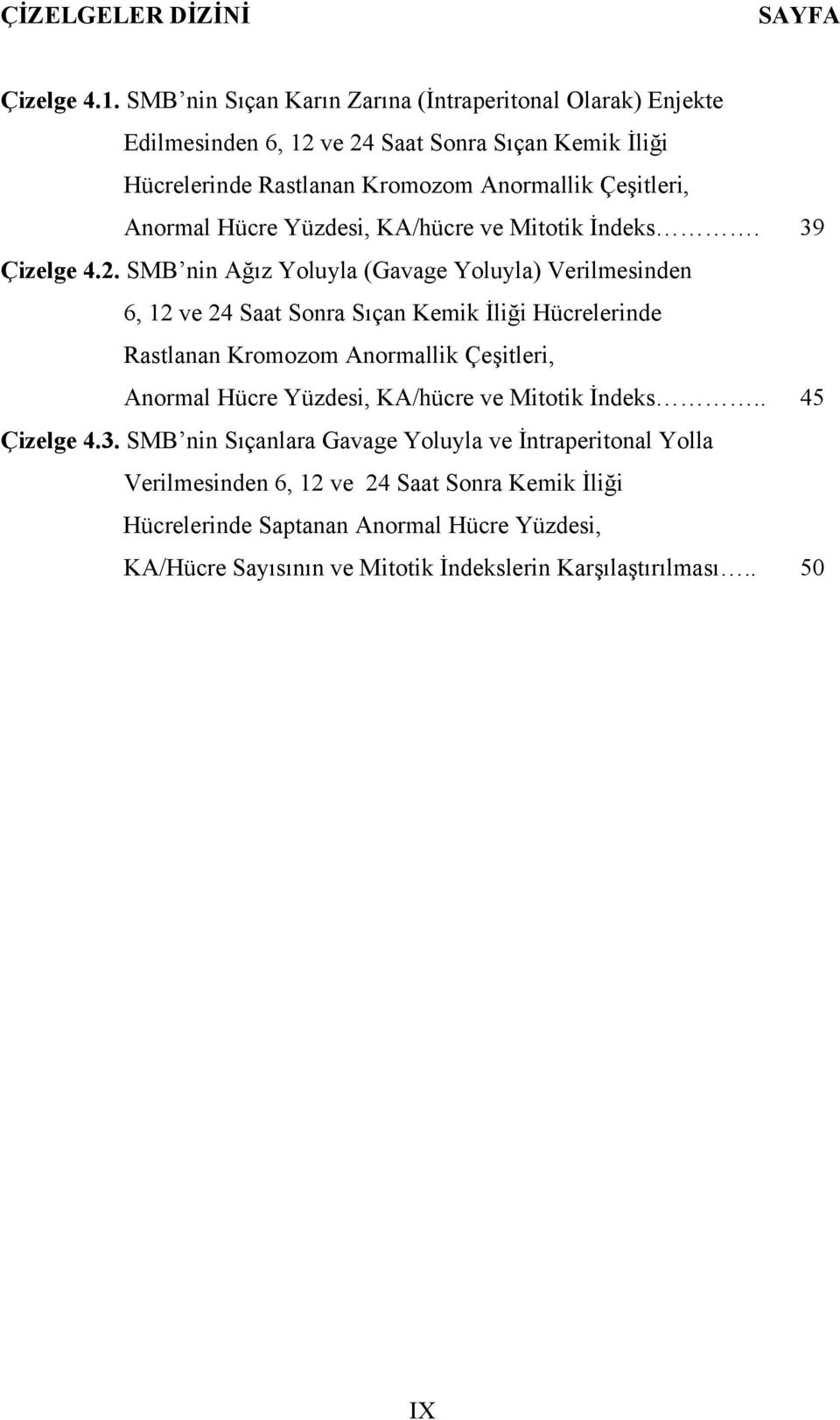 Hücre Yüzdesi, KA/hücre ve Mitotik İndeks. 39 Çizelge 4.2.