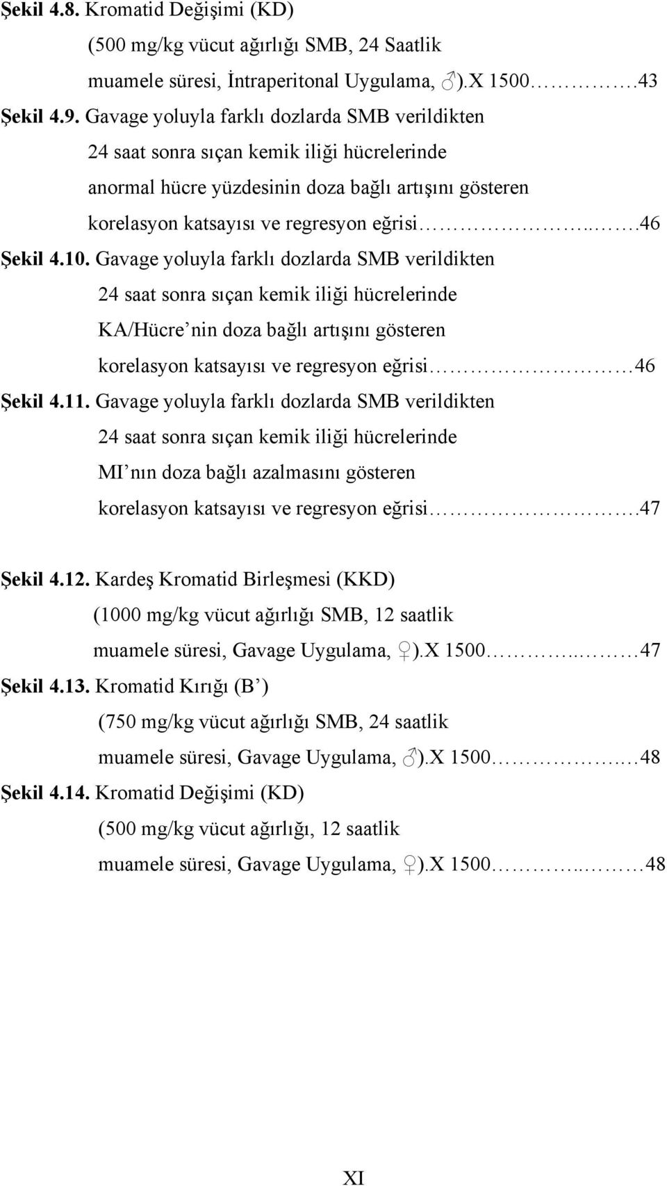 10. Gavage yoluyla farklı dozlarda SMB verildikten 24 saat sonra sıçan kemik iliği hücrelerinde KA/Hücre nin doza bağlı artışını gösteren korelasyon katsayısı ve regresyon eğrisi 46 Şekil 4.11.