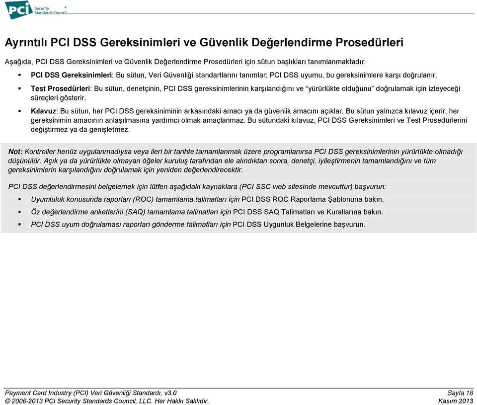 Test Prosedürleri: Bu sütun, denetçinin, PCI DSS gereksinimlerinin karşılandığını ve yürürlükte olduğunu doğrulamak için izleyeceği süreçleri gösterir.