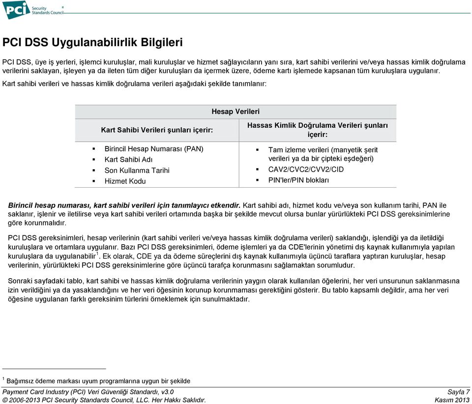 Kart sahibi verileri ve hassas kimlik doğrulama verileri aşağıdaki şekilde tanımlanır: Hesap Verileri Kart Sahibi Verileri şunları içerir: Birincil Hesap Numarası (PAN) Kart Sahibi Adı Son Kullanma
