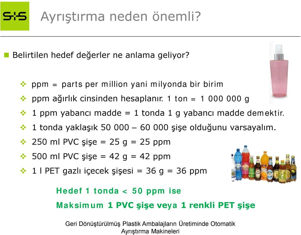 1 ton = 1 000 000 g 1 ppm yabancı madde = 1 tonda 1 g yabancı madde demektir.