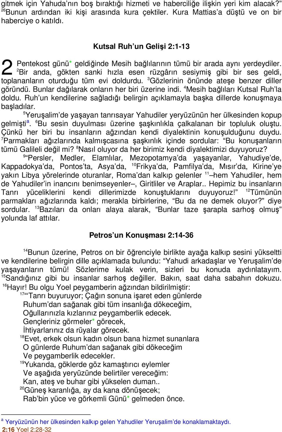 2 Bir anda, gökten sanki hızla esen rüzgârın sesiymiş gibi bir ses geldi, toplananların oturduğu tüm evi doldurdu. 3 Gözlerinin önünde ateşe benzer diller göründü.