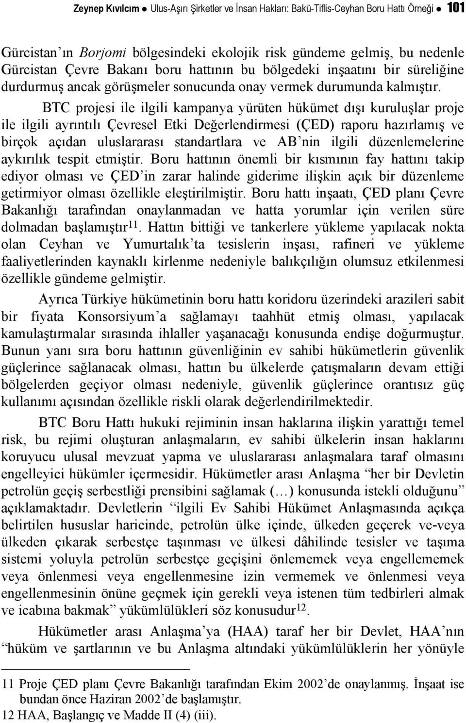 BTC projesi ile ilgili kampanya yürüten hükümet dışı kuruluşlar proje ile ilgili ayrıntılı Çevresel Etki Değerlendirmesi (ÇED) raporu hazırlamış ve birçok açıdan uluslararası standartlara ve AB nin