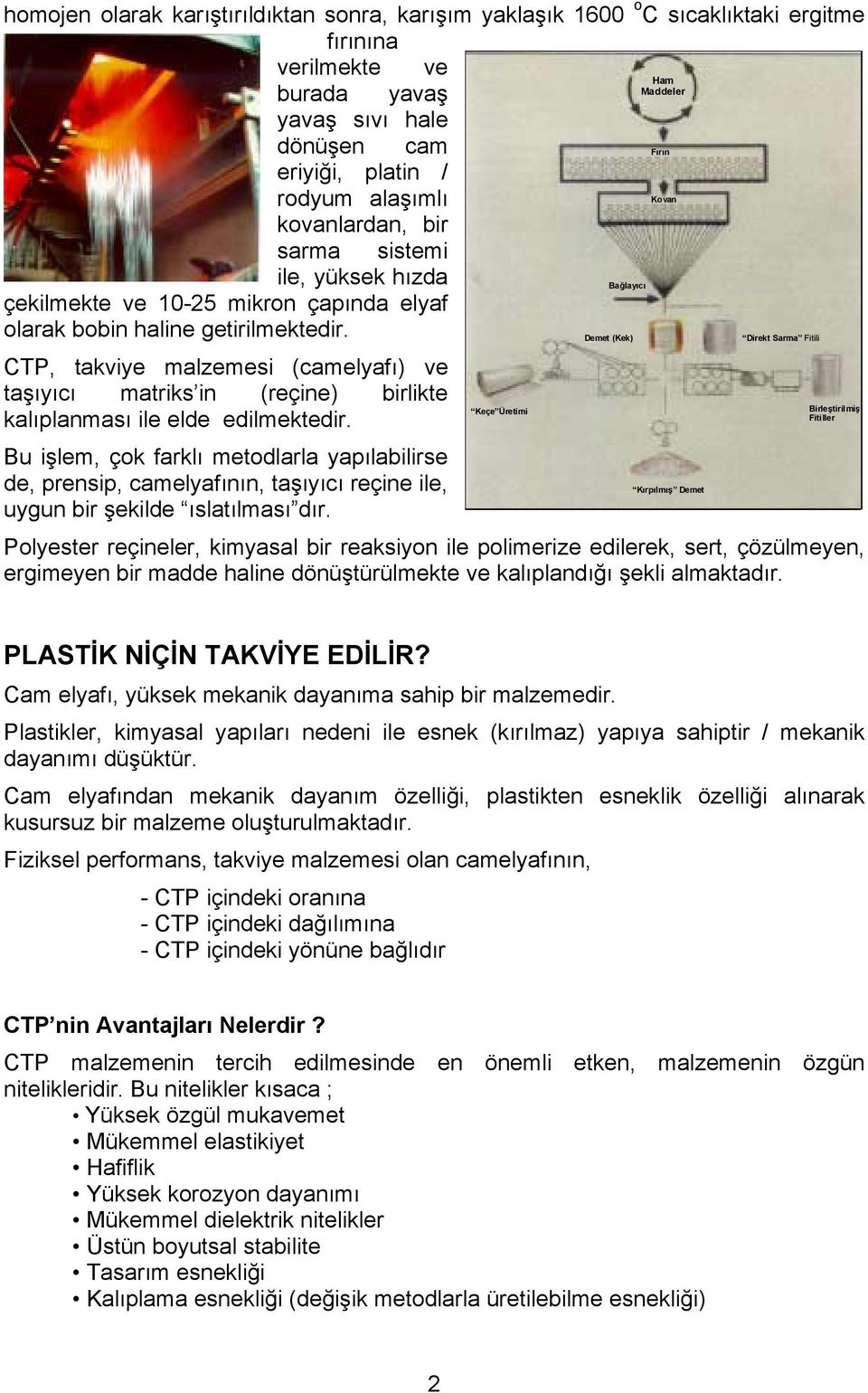 CTP, takviye malzemesi (camelyafı) ve taşıyıcı matriks in (reçine) birlikte kalıplanması ile elde edilmektedir.