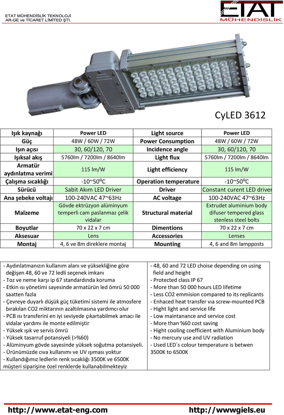 Constant curent LED driver Ana şebeke voltajı 100-240VAC 47~63Hz AC voltage 100-240VAC 47~63Hz Malzeme Gövde ektrüzyon alüminyum temperli cam paslanmaz çelik vidalar Structural material Extrudet