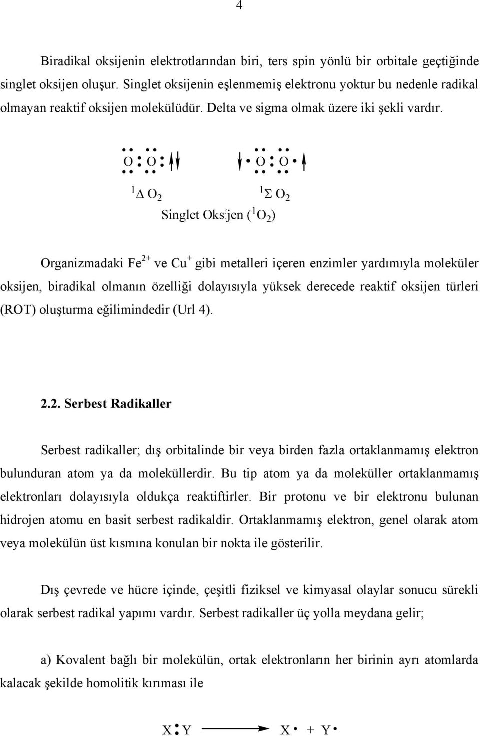 Organizmadaki Fe 2+ ve Cu + gibi metalleri içeren enzimler yardımıyla moleküler oksijen, biradikal olmanın özelliği dolayısıyla yüksek derecede reaktif oksijen türleri (ROT) oluşturma eğilimindedir