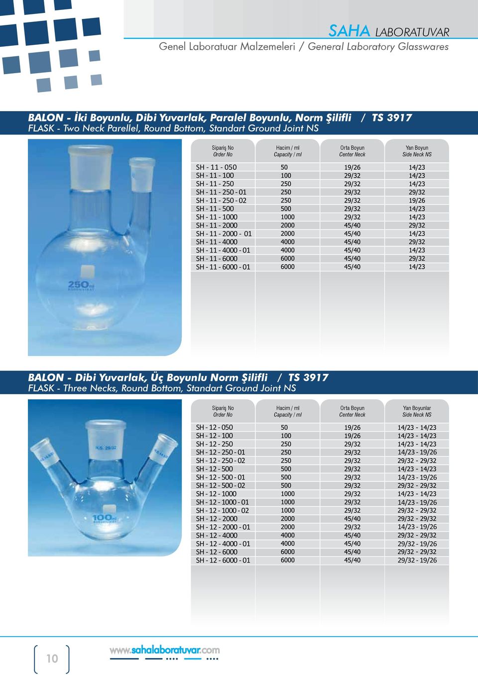 - 11-4000 SH - 11-4000 - 01 SH - 11-6000 SH - 11-6000 - 01 BALON - Dibi Yuvarlak, Üç Boyunlu Norm Şilifli / TS 3917 FLASK - Three Necks, Round Bottom, Standart Ground Joint NS Orta Boyun Center Neck