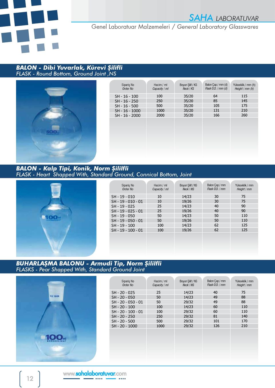 / mm (d) Yükseklik / mm (h) Height / mm (h) SH - 16-100 SH - 16-250 SH - 16-500 SH - 16-1000 SH - 16-2000 BALON - Kalp Tipi, Konik, Norm Şililfli FLASK - Heart Shapped With, Standard Ground, Connical