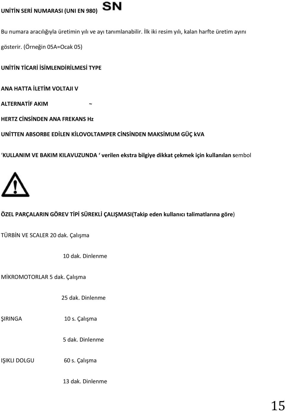 CİNSİNDEN MAKSİMUM GÜÇ kva KULLANIM VE BAKIM KILAVUZUNDA verilen ekstra bilgiye dikkat çekmek için kullanılan sembol ÖZEL PARÇALARIN GÖREV TİPİ SÜREKLİ ÇALIŞMASI(Takip eden