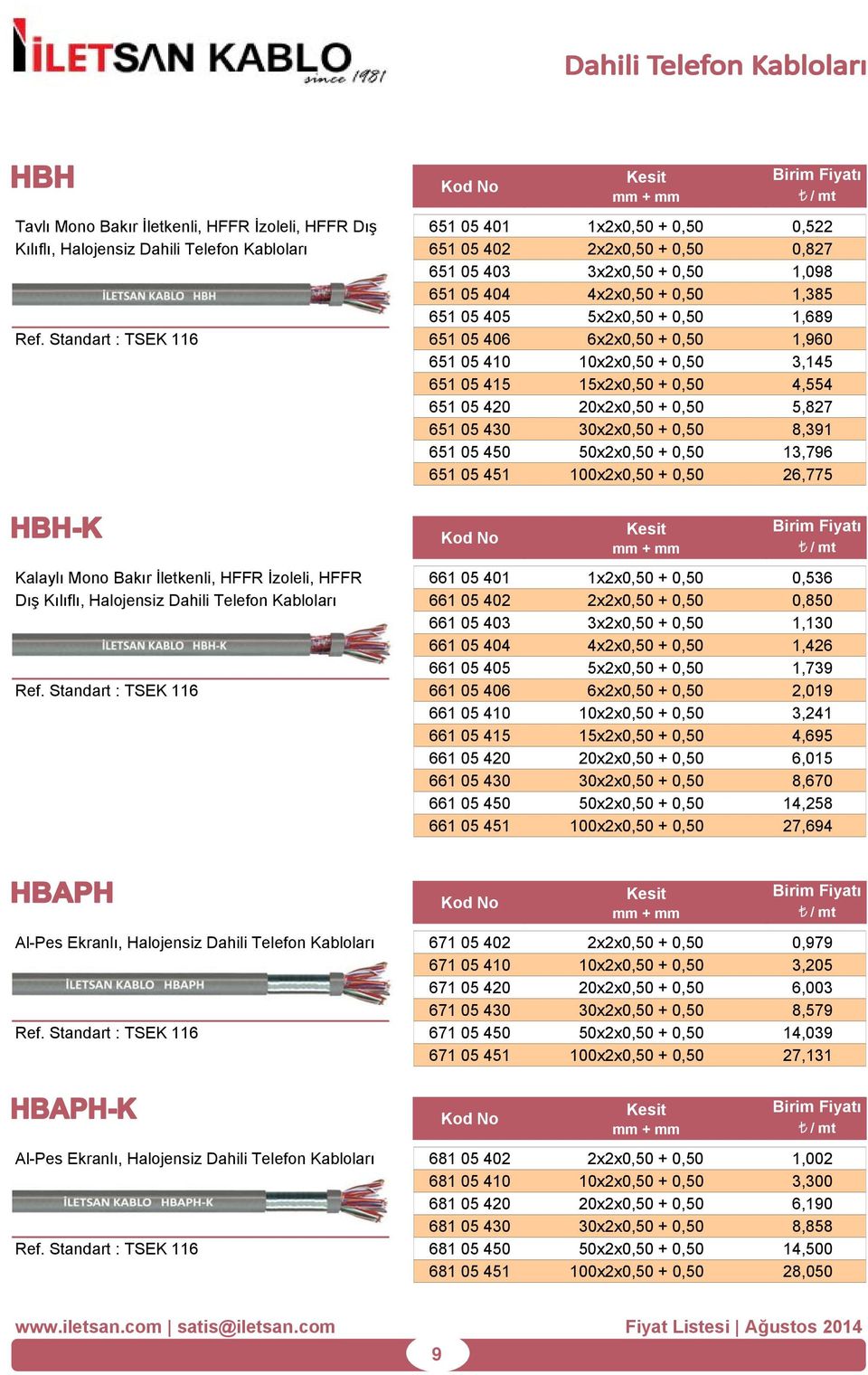 Standart : TSEK 116 651 05 406 6x2x0,50 + 0,50 1,960 651 05 410 10x2x0,50 + 0,50 3,145 651 05 415 15x2x0,50 + 0,50 4,554 651 05 420 20x2x0,50 + 0,50 5,827 651 05 430 30x2x0,50 + 0,50 8,391 651 05 450