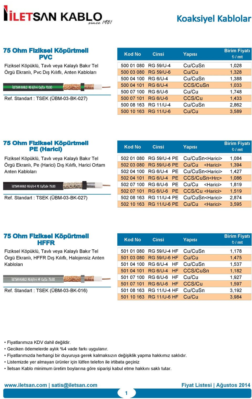 Standart : TSEK (ÜBM-03-BK-027) 500 07 101 RG 6/U-6 CCS/Cu 1,433 500 08 163 RG 11/U-4 Cu/CuSn 2,862 500 10 163 RG 11/U-6 Cu/Cu 3,589 Cinsi Yapısı Fiziksel Köpüklü, Tavlı veya Kalaylı Bakır Tel 502 01