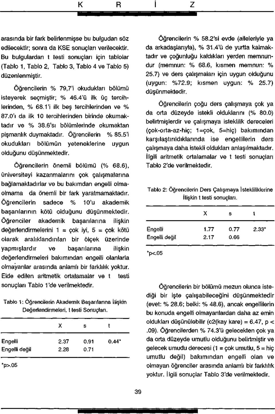 4'ü ilk üç tercihlerinden, % 68.1'i ilk beş tercihlerinden ve % 87.0'ı da ilk 10 tercihlerinden birinde okumaktadır ve % 38.6'sı bölümlerinde okumaktan pişmanlık duymaktadır. Öğrencilerin % 85.