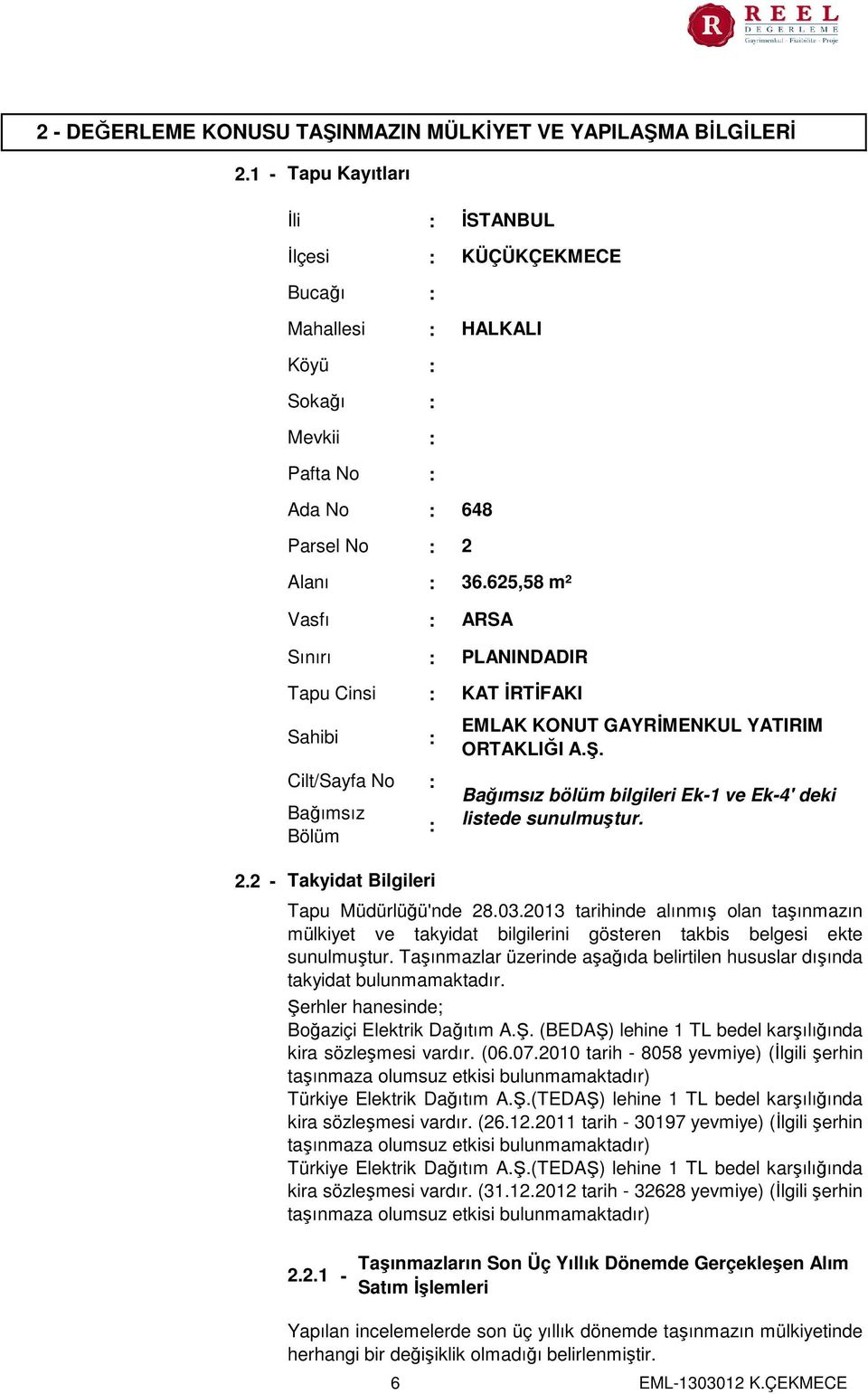 625,58 m² Vasfı Sınırı Tapu Cinsi Sahibi Cilt/Sayfa No Bağımsız Bölüm : : : : : : ARSA PLANINDADIR KAT İRTİFAKI EMLAK KONUT GAYRİMENKUL YATIRIM ORTAKLIĞI A.Ş.