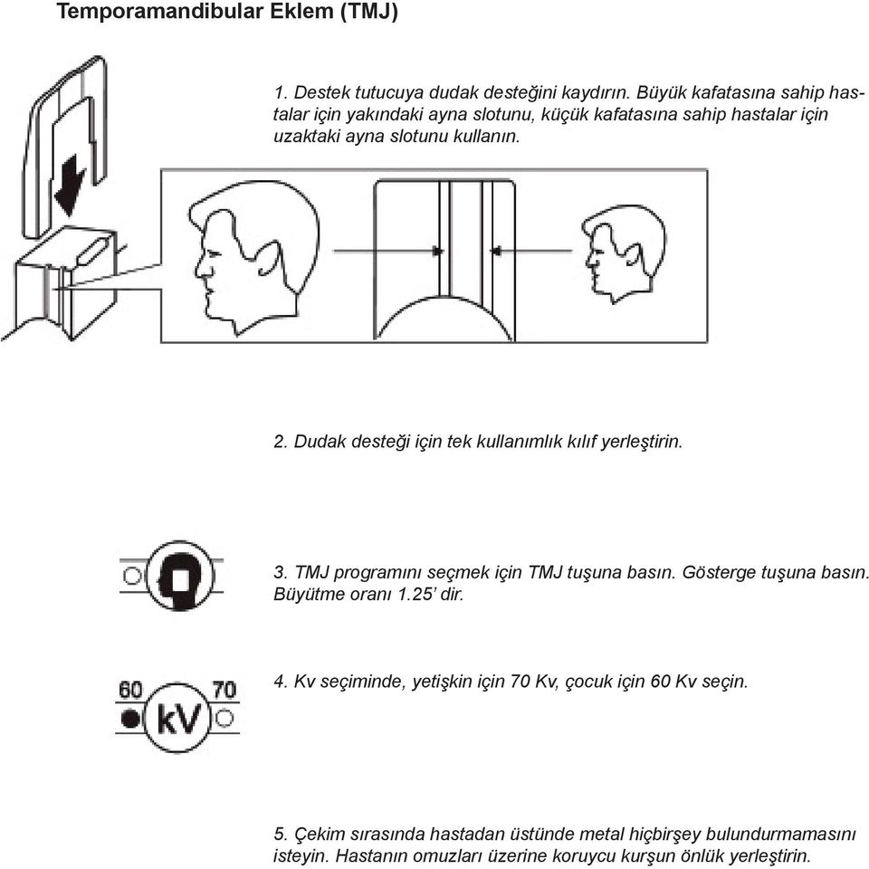 Dudak desteği için tek kullanımlık kılıf yerleştirin. 3. TMJ programını seçmek için TMJ tuşuna basın. Gösterge tuşuna basın.