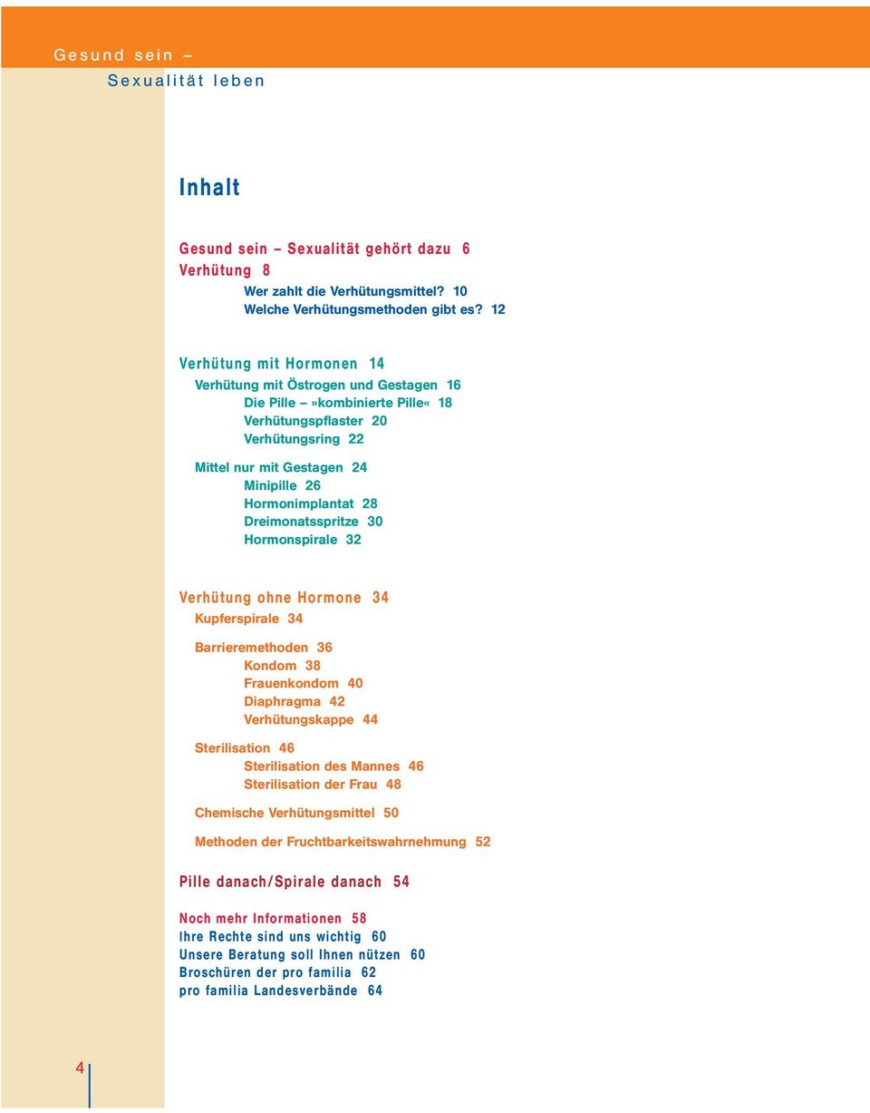 Dreimonatsspritze 30 Hormonspirale 32 Verhütung ohne Hormone 34 Kupferspirale 34 Barrieremethoden 36 Kondom 38 Frauenkondom 40 Diaphragma 42 Verhütungskappe 44 Sterilisation 46 Sterilisation des