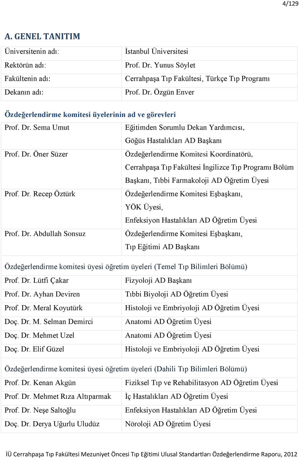 Öner Süzer Özdeğerlendirme Komitesi Koordinatörü, CerrahpaĢa Tıp Fakültesi Ġngilizce Tıp Programı Bölüm BaĢkanı, Tıbbi Farmakoloji AD Öğretim Üyesi Prof. Dr.