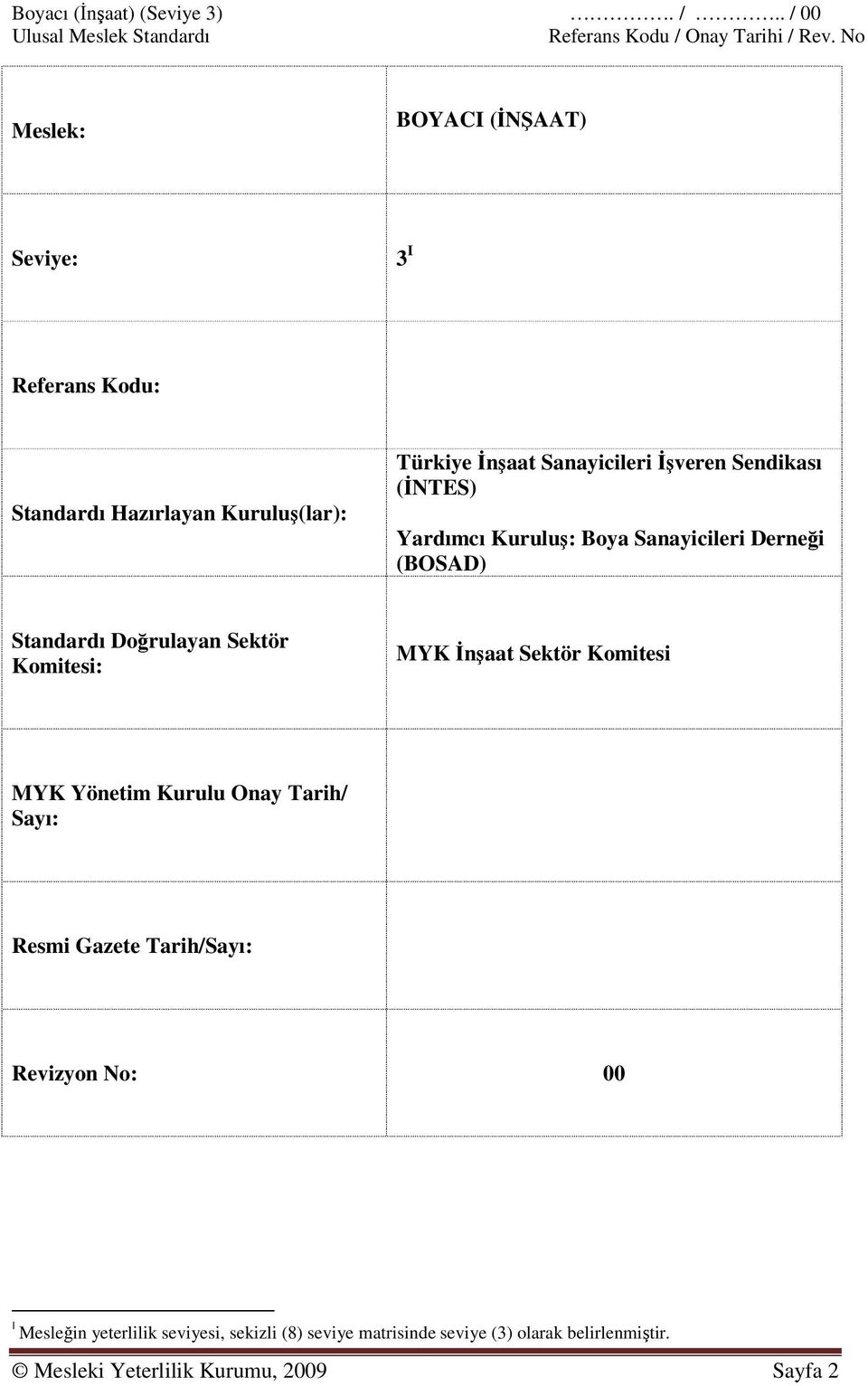 İşveren Sendikası (İNTES) Yardımcı Kuruluş: Boya Sanayicileri Derneği (BOSAD) Standardı Doğrulayan Sektör Komitesi: MYK İnşaat