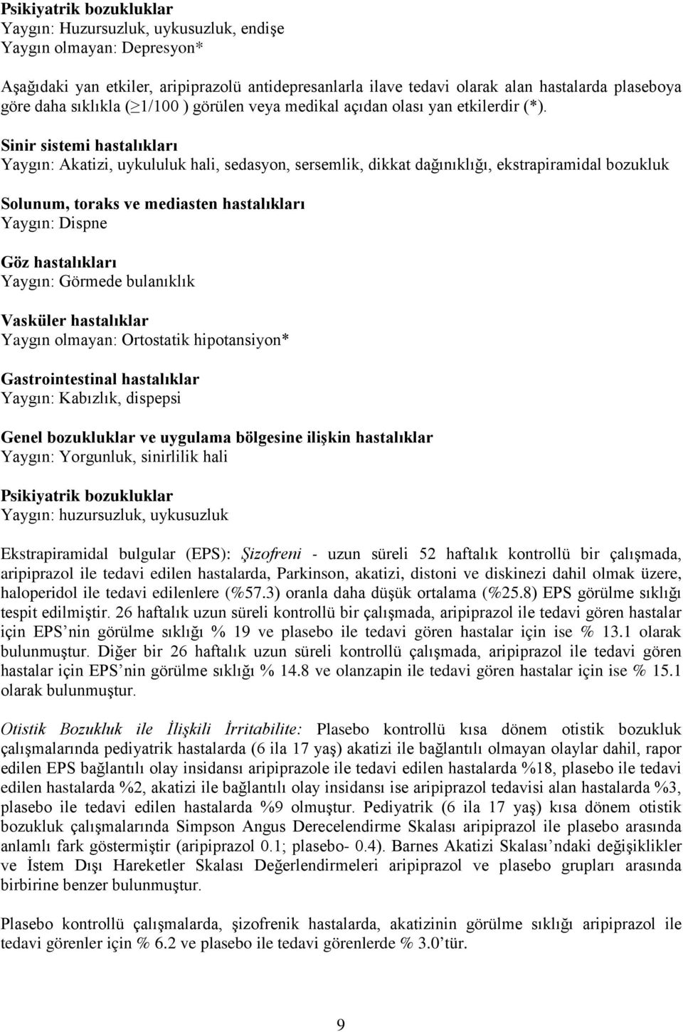 Sinir sistemi hastalıkları Yaygın: Akatizi, uykululuk hali, sedasyon, sersemlik, dikkat dağınıklığı, ekstrapiramidal bozukluk Solunum, toraks ve mediasten hastalıkları Yaygın: Dispne Göz hastalıkları