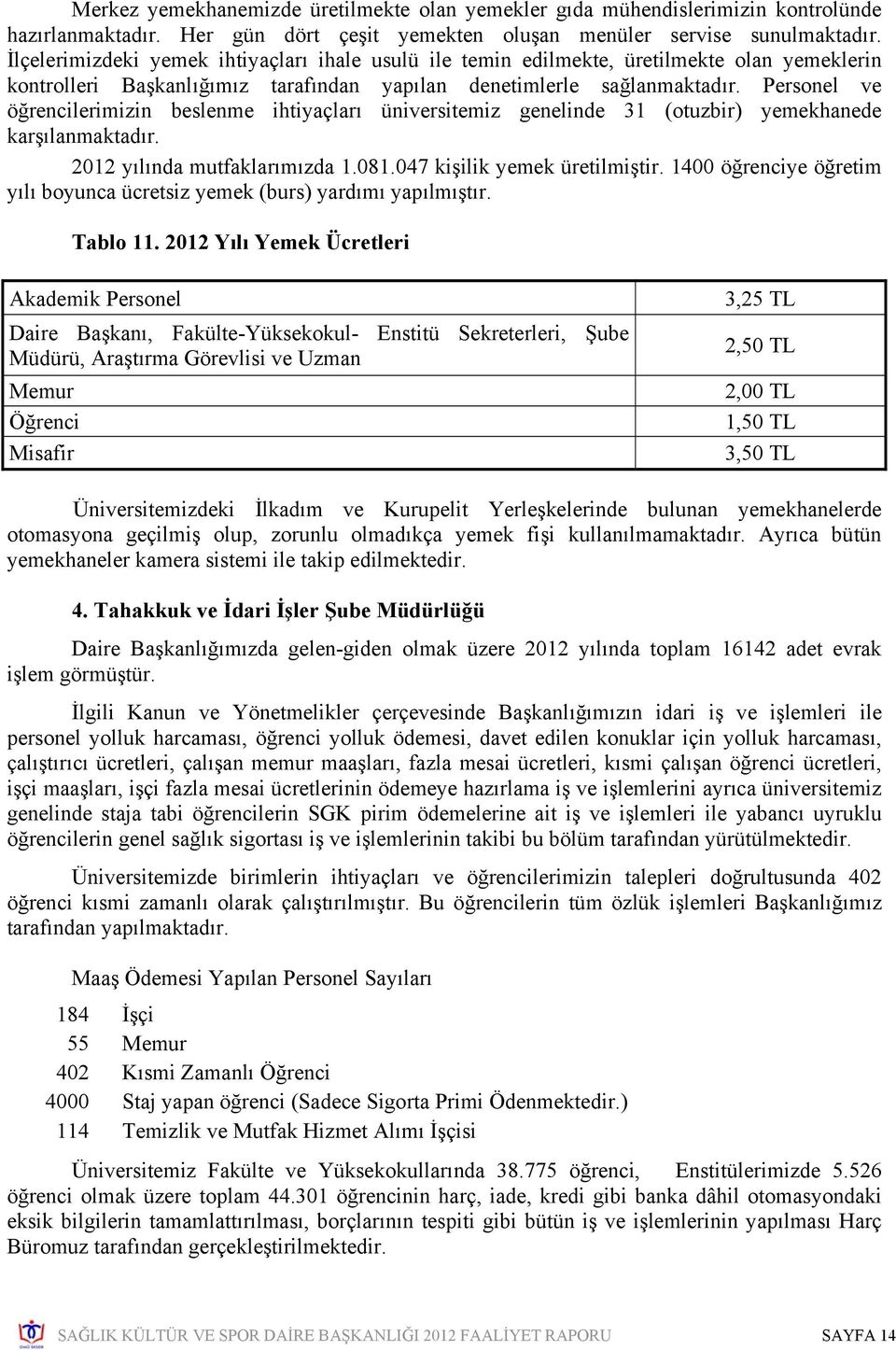 Personel ve öğrencilerimizin beslenme ihtiyaçları üniversitemiz genelinde 31 (otuzbir) yemekhanede karşılanmaktadır. 2012 yılında mutfaklarımızda 1.081.047 kişilik yemek üretilmiştir.